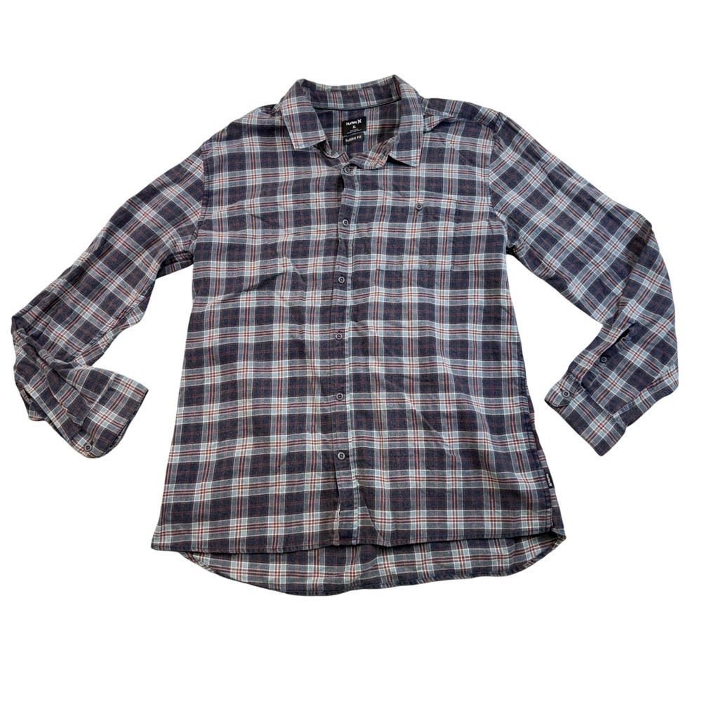 Hurley Mens XL Classic Fit Plaid Button Down Shirt Blue Burgundy Cotton AO9715